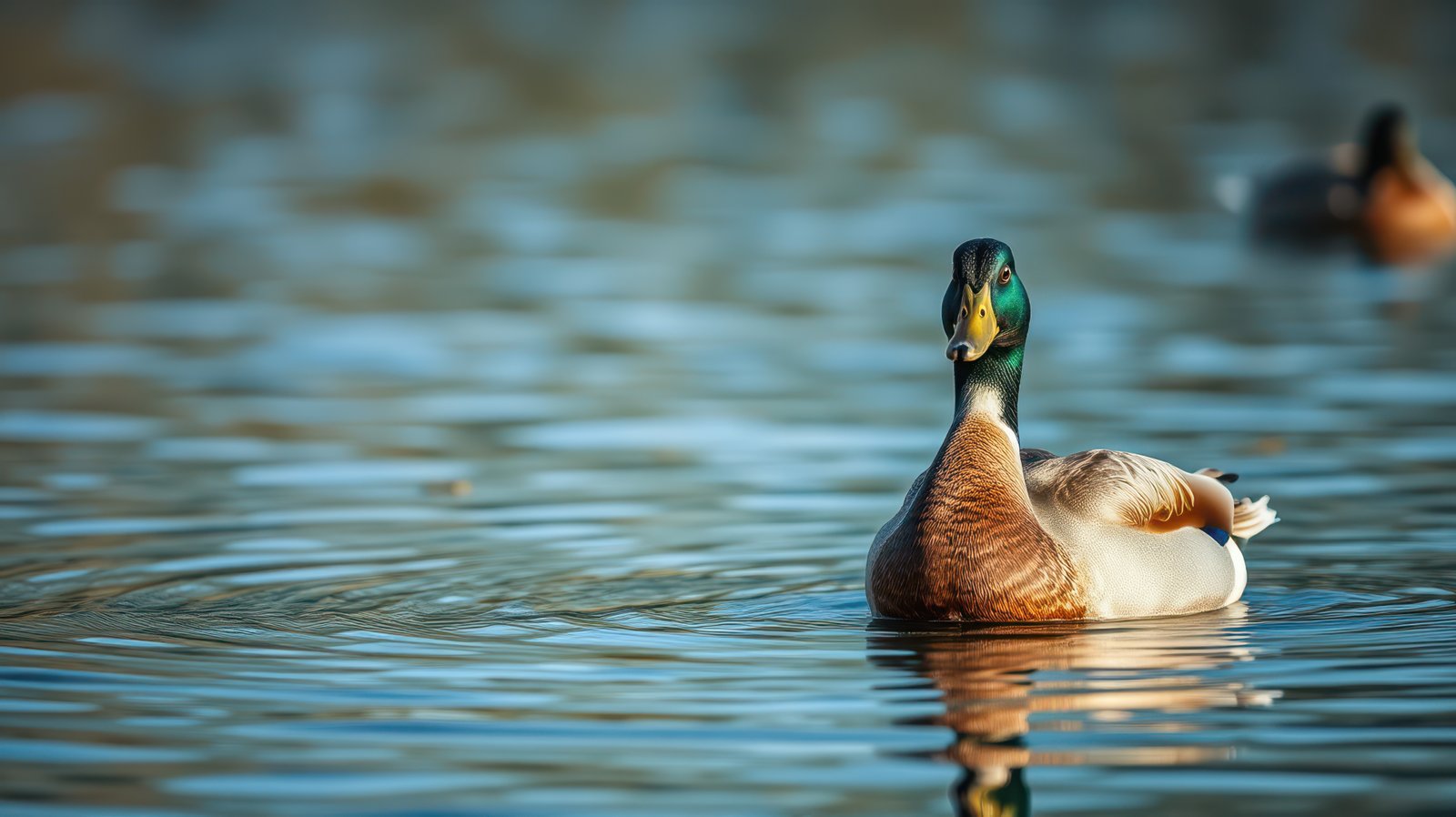 Mallard duck swimming peacefully in a tranquil pond at sunset reflecting warm hues on calm water